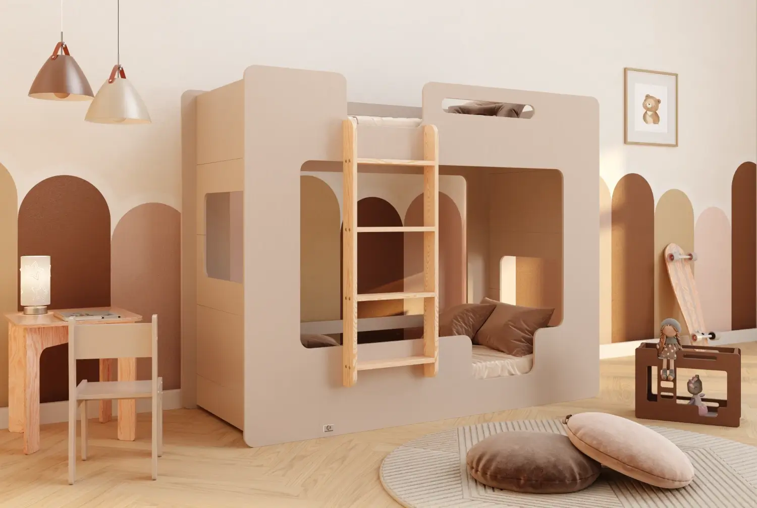 Łóżko piętrowe dla dzieci z barierkami i stelażem MIMI B Montessori Drewniane